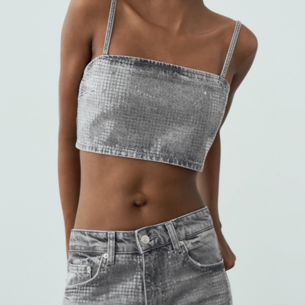 Zara sequin foil mid rise jean and crop top set